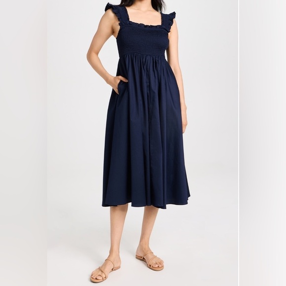 Petite Plume Navy Cotton Twill Margaux Smocked Midi Dress Size Large - Picture 4 of 5